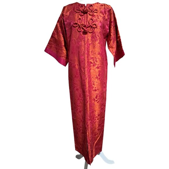 Helen Halters Dresses & Skirts - Vintage Pink & Orange Brocade Kimono Dress With Mandarin Collar Frog Buttons Hel